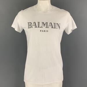 BALMAIN Size L White Logo Cotton T-shirt